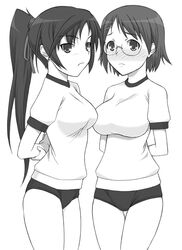  2girls arms_behind_back breasts buruma fujieda_nanae glasses greyscale gym_uniform hair_ornament hairclip ichijou_eika large_breasts monochrome multiple_girls ponytail shichimenchou sky_girls 