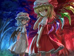  2girls bat_wings blonde_hair blue_hair catanagi flandre_scarlet hat mob_cap multiple_girls red_eyes remilia_scarlet siblings sisters touhou wings 