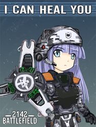  armor artist_request battlefield_(series) battlefield_2142 blue_hair camouflage defibrillator female helmet medic non-web_source oekaki photoshop_(medium) soldier solo 