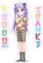  black_socks blue_eyes blush bonta-kun female full_metal_panic full_metal_panic?_fumoffu hiiragi_kagami holding kneehighs long_hair long_sleeves looking_at_viewer lucky_star milestone_celebration pink_hair saeki_nao simple_background socks solo stuffed_animal stuffed_toy sweater tsurime twintails white_background 