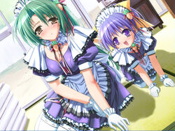  2girls all_fours blush breasts brown_eyes carrot cleavage dutch_angle food-themed_clothes game_cg gloves green_hair large_breasts lolicon mother_and_daughter multiple_girls murakami_suigun photoshop_(medium) pia_carrot_(series) pia_carrot_e_youkoso!!_g.o. purple_eyes purple_hair sitting smile thighhighs waitress white_thighhighs yamana_kaede yamana_tokiko 