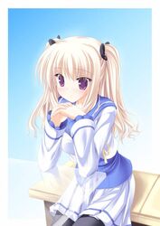  blonde_hair blush bra-ban! female hibarigaoka_yuki jpeg_artifacts long_hair mole mole_under_eye own_hands_together pantyhose purple_eyes school_uniform sitting solo tenmaso twintails 