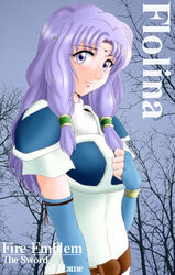  armor blue_armor blue_gloves bracelet character_name circlet closed_mouth commentary_request copyright_name dress elbow_gloves female fingerless_gloves fire_emblem fire_emblem:_the_blazing_blade florina_(fire_emblem) gloves hair_tubes hand_up hissaa_(starlight_express) jewelry light_purple_hair long_hair partial_commentary photo_background purple_eyes short_sleeves shoulder_armor smile solo turtleneck turtleneck_dress white_dress 