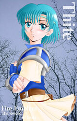  armor bare_tree belt blue_armor blue_eyes blue_gloves blue_hair brown_belt character_name commentary_request copyright_name crossed_arms female fingerless_gloves fingernails fire_emblem fire_emblem:_the_binding_blade gloves hissaa_(starlight_express) light_blue_hair miniskirt orange_skirt partial_commentary pegasus_knight_uniform_(fire_emblem) photo_background short_hair shoulder_armor skirt solo thea_(fire_emblem) tree 