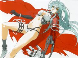  absurdres antenna_hair aqua_hair boots bracelet breasts cape cleavage dutch_angle elbow_gloves female gloves hanawa_momiji highres jewelry jingai_makyou large_breasts long_hair mechanical_arms midriff navel nishii_(damnedrive) non-web_source single_mechanical_arm solo thigh_strap torn_clothes very_long_hair yellow_eyes 