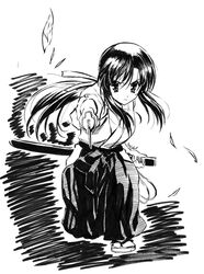  female gotou_junji greyscale japanese_clothes katana katsura_kotonoha monochrome photoshop_(medium) school_days solo summer_days sword weapon 