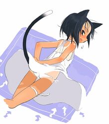  animal_ears ass cat_ears cat_tail dress female flat_chest from_behind furiata konami_mecha_musume looking_back lowleg lowleg_panties no_bra oekaki oerba_yun_fang one-piece_tan panties shimada_fumikane solo tail tan tanlines underwear 