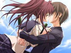  1boy blush brown_hair couple female fujiwara_miyabi gakuran game_cg kissing long_hair matsuo_yukihiro memories_off memories_off_sorekara sagisawa_isshu school_uniform serafuku straight 