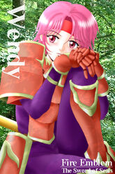  armor belt bodysuit brown_belt character_name commentary_request copyright_name faulds female fire_emblem fire_emblem:_the_binding_blade frown gloves greaves gwendolyn_(fire_emblem) hair_intakes headband hissaa_(starlight_express) partial_commentary pauldrons photo_background pink_eyes pink_hair polearm purple_bodysuit red_armor red_headband short_hair shoulder_armor solo spear tree weapon 