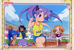  6+girls absurdres comiket_73 faceplant highres hiiragi_kagami hiiragi_tsukasa izumi_konata kusakabe_misao long_hair lucky_star minegishi_ayano multiple_girls official_art photoshop_(medium) ponytail running scan sportswear takara_miyuki tripping yamada_naoko 