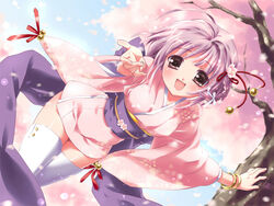  :d bell brown_eyes cherry_blossoms female flower japanese_clothes kamiya_maneki kimono open_mouth original photoshop_(medium) pink_kimono purple_hair ribbon smile solo techgian thighhighs 