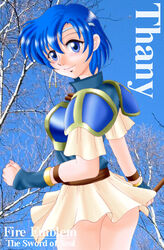  armor bare_tree blue_armor blue_eyes blue_hair blue_sky character_name closed_mouth commentary_request copyright_name day female fingernails fire_emblem fire_emblem:_the_binding_blade hissaa_(starlight_express) holding holding_polearm holding_weapon miniskirt partial_commentary pegasus_knight_uniform_(fire_emblem) photo_background polearm shanna_(fire_emblem) short_hair shoulder_armor skirt sky smile solo spear tree weapon white_skirt 