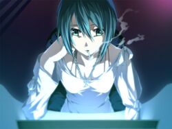  blue_hair chains cigarette computer dies_irae female g_yuusuke game_cg green_eyes honjou_erii jewelry monitor necklace shinza_bansho_series short_hair sitting smoking solo 