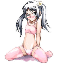  anger_vein arms_behind_back blush bra camisole female flat_chest flower frown grey_eyes grey_hair hair_flower hair_ornament lingerie long_hair lowres maskman mizuki_mana panties pink_bra pink_panties pink_thighhighs sitting solo sweat thighhighs tsundere twintails underwear underwear_only white_album white_album_(series) 