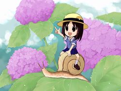  azumanga_daioh&#039;s_school_uniform azumanga_daiou blue_serafuku blue_shirt brown_eyes brown_hair chibi duplicate female flower hat hydrangea kasuga_ayumu mini_person minigirl open_mouth pixel-perfect_duplicate pointing riding school_uniform serafuku shirt snail solo summer_uniform takano_hayato 