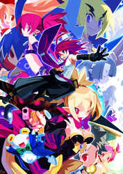  4boys 4girls adell_(disgaea) akutare_(disgaea) bat_wings black_pants blonde_hair bright_pupils demon_boy demon_girl detached_sleeves disgaea dress elbow_gloves etna_(disgaea) fallen_angel flat_chest flonne flonne_(fallen_angel) fubuki_(disgaea) gloves hanako_(disgaea) harada_takehito highres kurtis_(disgaea) laharl makai_senki_disgaea_2 miniskirt multiple_boys multiple_girls official_art pants photoshop_(medium) pointy_ears prinny red_eyes red_hair rozalin selion_(disgaea) shura_(disgaea) skirt slit_pupils strapless strapless_dress tail taro_(disgaea) tink_(disgaea) wings yukimaru_(disgaea) zenon_(disgaea) 