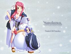  2girls \m/ ahoge blue_eyes blue_hair blush breasts bucket can checkered cleavage drink_can fujiwara_warawara hand_on_own_hip japanese_clothes leg_lift long_hair looking_back medium_breasts multiple_girls no_bra open_clothes open_shirt pink_hair red_eyes sandals shirt snow snowing snowman soda_can squatting takao_tsubaki twintails very_long_hair yunoha_(yunohana) yunohana 