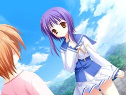  1boy bra-ban! cloud day dutch_angle female forest game_cg kobuichi landscape mikage_sumi mountain nature orange_eyes orange_hair outdoors purple_hair school_uniform short_hair sidelocks sky solo_focus 