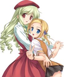  2girls akino_takehiko amelia_weeksite bettou_izumi-shizuka_scarlett blonde_hair blue_eyes dancing dress green_hair hat highres long_hair multiple_girls red_eyes scarlett short_hair simple_background skirt watch white_background wristwatch 