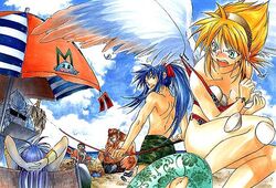  2girls 4boys angel_wings beach bikini blonde_hair blush breast_padding breath_of_fire breath_of_fire_i builder_(breath_of_fire) danc day deis feathered_wings green_eyes heizo multiple_boys multiple_girls nina_(breath_of_fire_i) ryuu_(breath_of_fire_i) short_hair swimsuit white_wings wings 