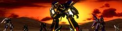  alteisen anime_screenshot grungust_ichishiki mecha mountain no_humans r-1 robot sunrise super_robot_wars super_robot_wars_divine_wars sword weapon weissritter wildraubtier wildschwein 