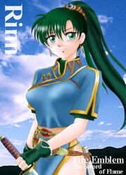  blue_dress blue_sky breasts character_name closed_mouth cloud commentary_request copyright_name day dress earrings female fingerless_gloves fire_emblem fire_emblem:_the_blazing_blade gloves green_eyes green_gloves green_hair hair_between_eyes high_collar high_ponytail hissaa_(starlight_express) holding holding_sword holding_weapon jewelry katana large_breasts long_hair lyn_(fire_emblem) partial_commentary photo_background ponytail short_sleeves side_slit sky solo sword weapon 