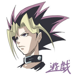  1boy choker dyed_bangs male_focus multicolored_hair muto_yugi purple_eyes solo yu-gi-oh! yu-gi-oh!_duel_monsters zou_azarashi 