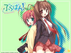  2girls antenna_hair aqua_eyes back-to-back blush bra-ban! brown_hair ebihara_minase green_background hair_ribbon kobuichi long_hair multiple_girls muririn nakanoshima_tae necktie oerba_yun_fang plaid plaid_skirt red_eyes red_hair ribbon school_uniform short_hair skirt 