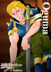  1boy armor blonde_hair blue_armor blue_footwear brown_eyes character_name closed_mouth commentary_request copyright_name cross_scar drop_shadow fire_emblem fire_emblem:_mystery_of_the_emblem hissaa_(starlight_express) male_focus ogma_(fire_emblem) partial_commentary pauldrons scar scar_on_cheek scar_on_face shoulder_armor shoulder_spikes sitting smile solo spikes sword weapon 