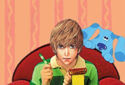  1boy blue&#039;s_clues blue_(blue&#039;s_clues) blue_eyes brown_eyes brown_hair buttons canine chair closed_mouth collared_shirt crayon crossover death_note easy_chair green_shirt holding holding_crayon holding_notebook looking_at_viewer lowres male_focus notebook parody real_life shirt short_hair sitting steve_(blue&#039;s_clues) steve_burns striped_clothes striped_shirt third-party_edit upper_body wallpaper_(object) yagami_light 