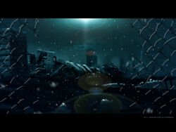  aquamary chain-link_fence city commentary_request fence letterboxed night no_humans original ruins scenery snowing 