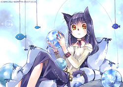  animal_ears artist_name bare_shoulders breasts cat_ears cat_girl chains choker cushion dated female fish fish_tank glass hair_ribbon holding jewelry knee_up leaning_back long_hair long_sleeves looking_at_viewer lowres off-shoulder_shirt off_shoulder orb original parted_lips pillow purple_hair purple_skirt ribbon ribbon_choker ring sanjou_sorata shirt side_slit sidelocks sitting skirt solo string surprised tail tail_ornament tail_ring toy tress_ribbon water yellow_eyes 