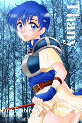  armor bare_tree belt belt_buckle blue_armor blue_eyes blue_hair brown_belt buckle character_name closed_mouth clothes_lift commentary_request copyright_name female fire_emblem fire_emblem:_the_binding_blade gloves high_collar hissaa_(starlight_express) holding holding_polearm holding_weapon lifting_own_clothes partial_commentary pauldrons pegasus_knight_uniform_(fire_emblem) photo_background polearm shanna_(fire_emblem) short_hair short_sleeves shoulder_armor skirt skirt_lift smile solo spear tree weapon yellow_skirt 