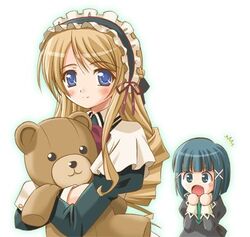  2girls ^^^ black_hair blonde_hair blue_eyes blush byakudan_kagome long_hair lowres maid_headdress multiple_girls no_nose open_mouth oshibaru shiumai short_hair smile strawberry_panic! stuffed_animal stuffed_toy teddy_bear tsukidate_chiyo 