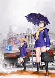  2girls city freckles garex multiple_girls original outdoors photoshop_(medium) school_uniform snow snowing umbrella 