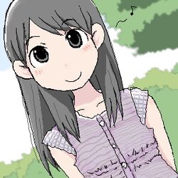  ayase_ena black_hair c: closed_mouth day dutch_angle female grey_eyes grey_hair long_hair looking_at_viewer lowres musical_note oekaki outdoors short_sleeves smile solo tree tsukune_(double_x) yotsubato! 