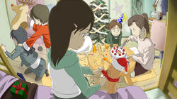  5girls amasawa_yuuko black_hair brown_eyes brown_hair character_request christmas christmas_lights christmas_tree dennou_coil fisheye hashimoto_fumie multiple_girls okonogi_kyouko okonogi_yuuko oyaji_(dennou_coil) raglan_sleeves short_hair 