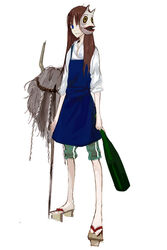  bad_id bad_pixiv_id blue_eyes bottle brown_hair copyright_request dress female fox_mask full_body geta holding long_hair looking_at_viewer mask mask_on_head mask_over_one_eye mishima_touko pants pants_rolled_up photoshop_(medium) pinafore_dress pitchfork rope sandals shide shimenawa shirt simple_background single_vertical_stripe sleeveless sleeveless_dress solo standing ton_(pixiv37657) white_background yume_tsukai 