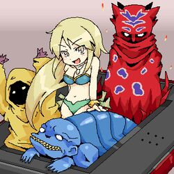  3boys barbariccia bikini cagnazzo chibi commentary_request everyone fangs female final_fantasy final_fantasy_iv handheld_game_console jewelry lowres multiple_boys nintendo_ds oekaki rubicante scarmiglione smile swimsuit takujin through_medium through_screen 