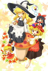  4girls ^_^ aki_minoriko aki_shizuha barefoot blonde_hair branch brown_hair closed_eyes food fruit grapes hair_ornament hair_ribbon hair_tubes hakurei_reimu hat kirisame_marisa leaf leaf_background leaf_on_head michii_yuuki mini_person minigirl multiple_girls mushroom on_mushroom ribbon sitting sitting_on_mushroom sweet_potato touhou 