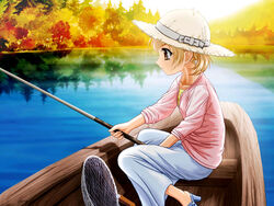  autumn blonde_hair boat female fishing fishing_rod hat holding holding_fishing_rod outdoors patricia_(princess_maker_4) photoshop_(medium) princess_maker_(series) princess_maker_4 profile sleeves_rolled_up solo tenhiro_naoto water watercraft 