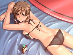  ass back backboob bikini bikini_tan black_bikini braid breast_press breasts brown_hair dutch_angle female game_cg green_eyes halterneck happoubi_jin jpeg_artifacts kuouzumiaiginsusutakeizumonokamimeichoujin_mika large_breasts looking_back lotion lying on_stomach resort_boin side-tie_bikini_bottom sideboob solo string_bikini sunbathing swimsuit tan tanlines twin_braids 