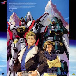  2boys after_war_gundam_x artist_request blonde_hair blue_sky bomber_jacket brown_hair cowboy_shot day english_text gundam gundam_airmaster gundam_leopard highres jacket long_sleeves looking_at_viewer machinery male_focus mecha mountain multiple_boys outdoors robot roybea_loy sky witz_sou 