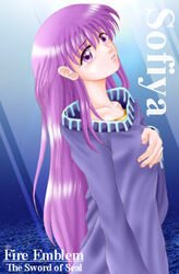  character_name collarbone commentary_request copyright_name dress female fingernails fire_emblem fire_emblem:_the_binding_blade hair_between_eyes hand_on_own_chest hand_up hissaa_(starlight_express) long_hair long_sleeves parted_lips partial_commentary photo_background purple_dress purple_eyes purple_hair solo sophia_(fire_emblem) very_long_hair 