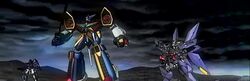  anime_screenshot armor cloud cloudy_sky dark desert full_body grungust_ichishiki machinery mecha mountain no_humans outdoors r-1 robot sky super_robot_wars super_robot_wars_divine_wars wildschwein 