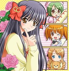  4girls black_hair blonde_hair blue_eyes blush_stickers bow brown_eyes brown_hair byakudan_kagome fake_wings flower glasses green_hair hair_ornament hairbow hyuuga_kizuna long_hair minamoto_chikaru multiple_girls natsume_remon no_nose one_eye_closed open_mouth rose shiumai short_hair short_twintails smile strawberry_panic! stuffed_animal stuffed_toy teddy_bear twintails wings 