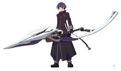  1boy alternate_weapon artist_name black_hair boots chrono_harlaown full_body gloves huge_weapon long_coat looking_away lyrical_nanoha magical_boy mahou_shoujo_lyrical_nanoha_strikers male_focus photoshop_(medium) simple_background solo standing wadatsumi_garland weapon white_background 