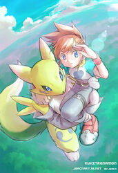  black_sclera blue_eyes colored_sclera digimon digimon_(creature) digimon_tamers female fewer_digits jeacn makino_ruki raglan_sleeves red_hair renamon thigh_strap 