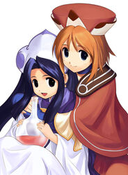  2girls :d atelier_(series) atelier_iris atelier_iris_eternal_mana_2 beret blue_eyes brown_hair capelet closed_mouth dress glass hat highres iris_blanchimont liquid long_sleeves looking_at_viewer multiple_girls open_mouth ouse_kohime short_hair simple_background smile viese_blanchimont white_background white_dress 