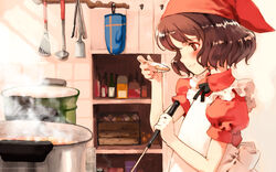  apron bandana blush brown_eyes brown_hair cooking female flat_chest food game_cg highres kitchen ladle lina_junhers oven_mitts oyari_ashito quartett! short_hair solo stock_pot tongs utensil_rack whisk 